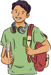 Loose Scribbly Patterned School Teen Boy Half Body with Headphones and Books